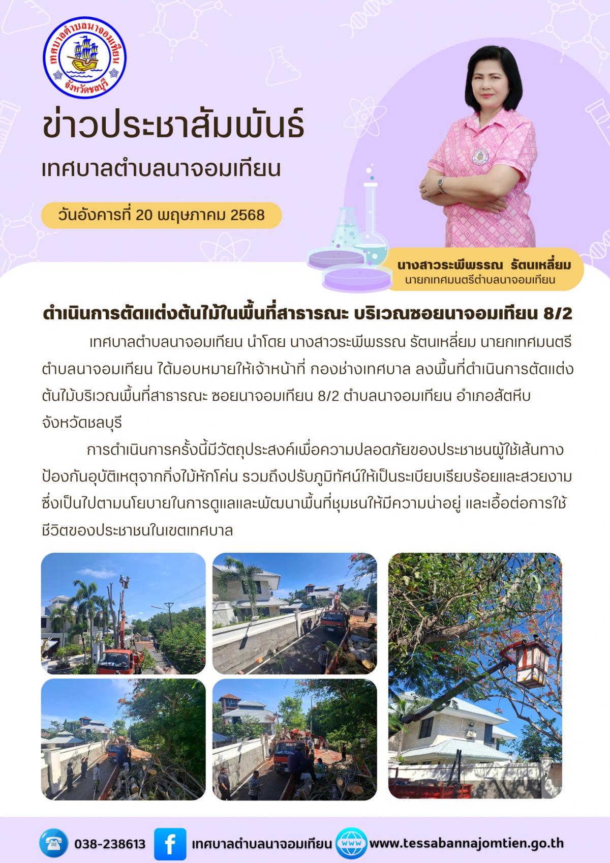 ดำเนินการตัดแต่งต้นไม้ในพื้นที่สาธารณะ บริเวณซอยนาจอมเทียน 8/2