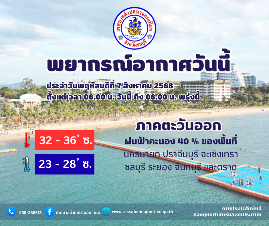 พยากรณ์อากาศ จังหวัดชลบุรี โดย กรมอุตุนิยมวิทยา วันพฤหัสบดีที่ 7 สิงหาคม 2568