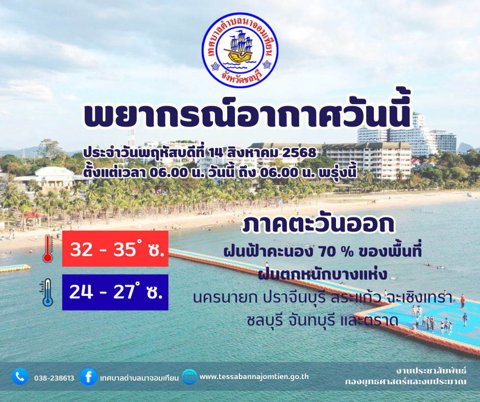 พยากรณ์อากาศ จังหวัดชลบุรี โดย กรมอุตุนิยมวิทยา วันพฤหัสบดีที่ 14 สิงหาคม 2568