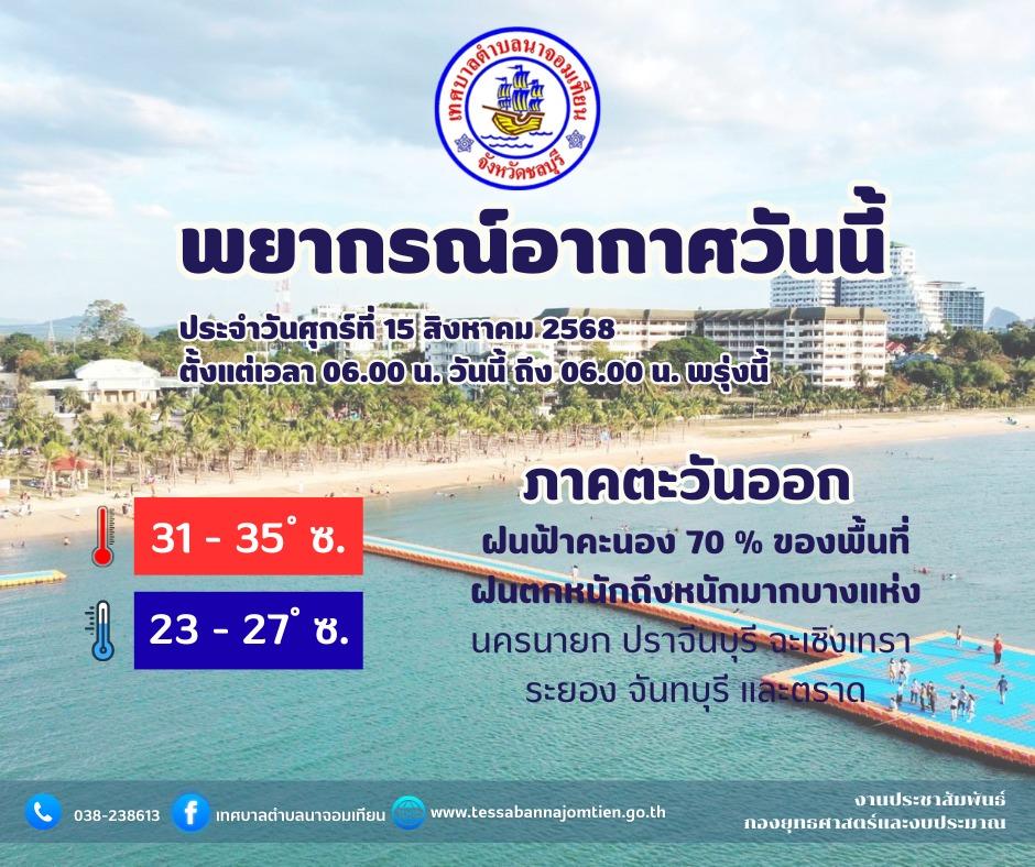 พยากรณ์อากาศ จังหวัดชลบุรี โดย กรมอุตุนิยมวิทยา วันศุกร์ที่ 15 สิงหาคม 2568