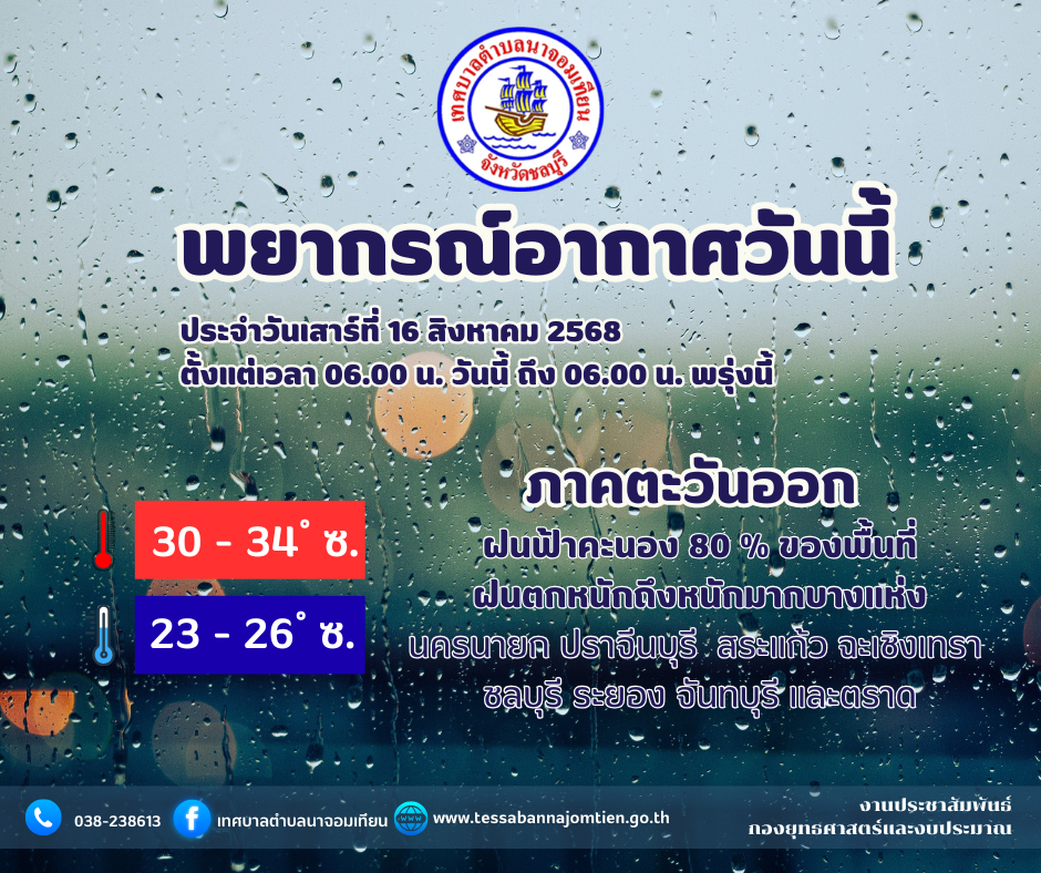 พยากรณ์อากาศ จังหวัดชลบุรี โดย กรมอุตุนิยมวิทยา วันเสาร์ที่ 16 สิงหาคม 2568