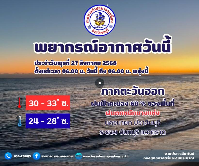 พยากรณ์อากาศ จังหวัดชลบุรี โดย กรมอุตุนิยมวิทยา วันพุธที่ 27 สิงหาคม 2568