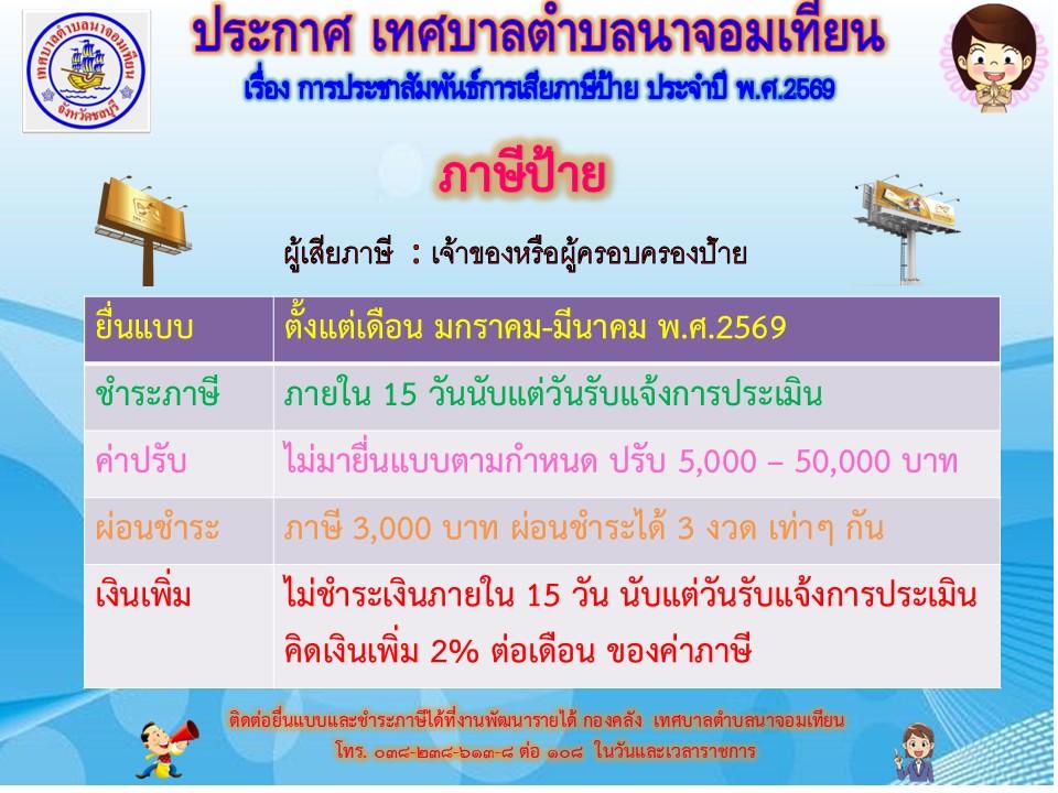 ประชาสัมพันธ์ การจัดเก็บภาษีป้าย ประจำปี  พ.ศ. 2569